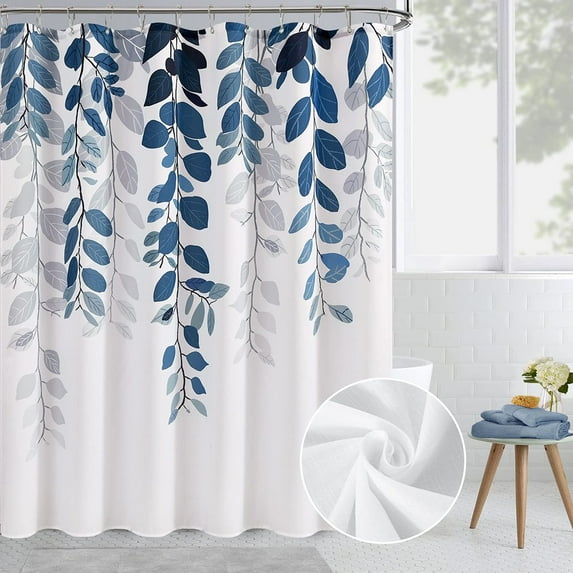 Blue Eucalyptus Shower Curtain for Bathroom, Floral Watercolor Leaves Shower Curtain With 12 Hooks, Waterproof Botanical Nature Fabric Bath Shower Curtain, 72 Inch x 72 Inch