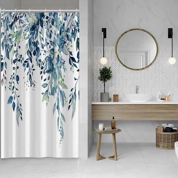 Blue Eucalyptus Shower Curtain Spring Plant Watercolor Botanical Leaves Shower Curtains for Bathroom Home Bathtubs Waterproof Fabric Shower Curtain with Hooks 36x72 Inches