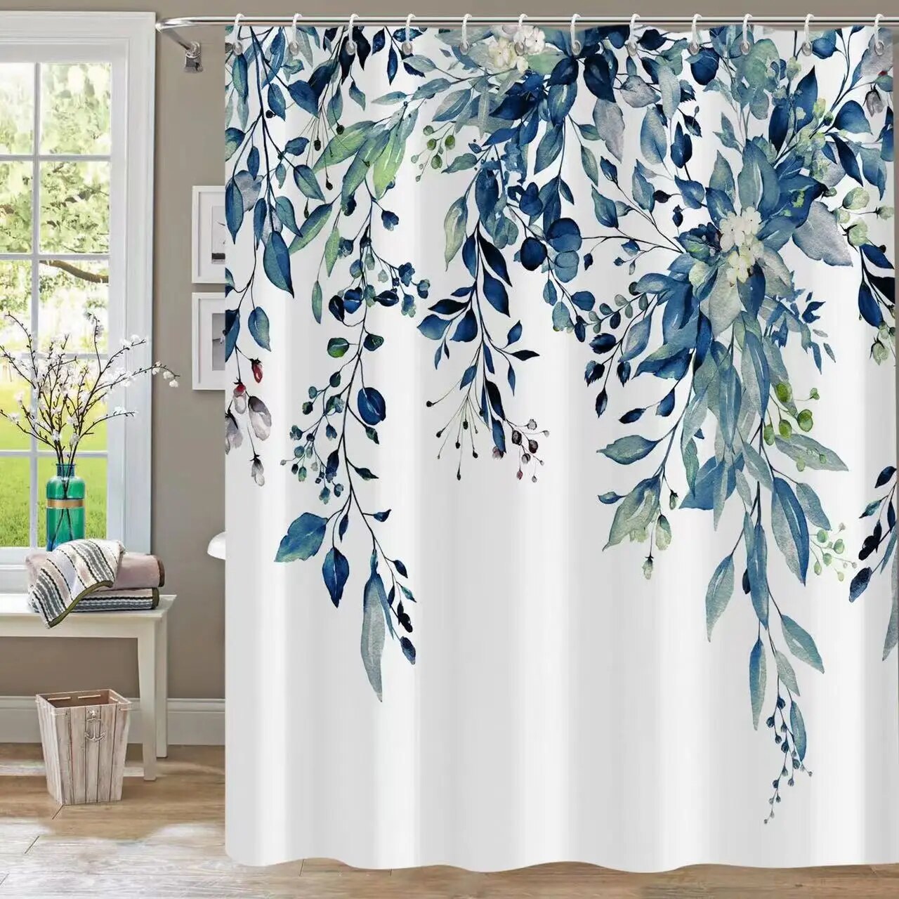 Blue Eucalyptus Shower Curtain Watercolor Leaves on The Top Bathroom