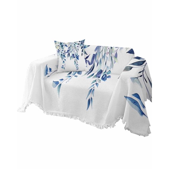 Blue Eucalyptus Sofa Couch Covers for Dog,Washable Sectional Couch Slipcoverfor Loveseat with Tassels,Watercolor Floral Spring Botanical Plant Non Slip Sofa Throw Cover Blanket Large 71''x102''