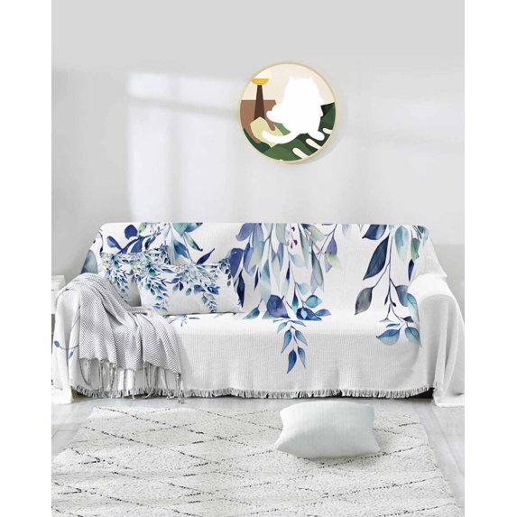 Blue Eucalyptus Sofa Covers for 3 Cushion,Washable Couch Cover for Sectional Sofa Slipcoverwith Tassel,Watercolor Floral Spring Botanical Plant Loveseat Covers Futon Cover Throw Blanket 71''x118''