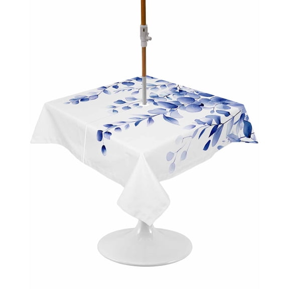 Blue Eucalyptus Square Outdoor Tablecloth, Waterproof Table Cloth Cover with Umbrella Hole and Zipper, Botanical Plant Rustic Branch Table Protector for Patio Party Picnic 54"x54"