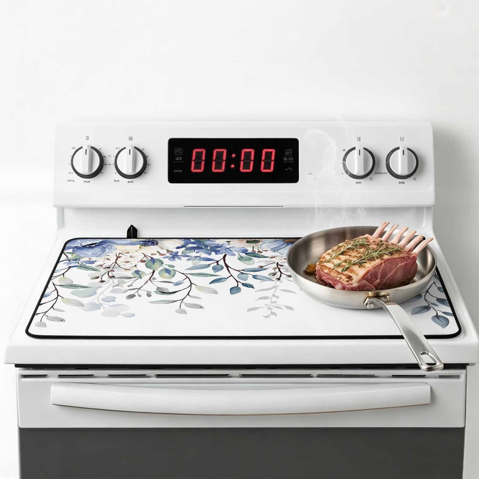 Blue Eucalyptus Stove Top Cover for Electric Stove, Heat-proof & Non Slip Glass Top Stove Cover Protector, Farmhouse Flowers Leaf White Watercolor Kitchen Flat Cooktop Rubber Mat 24x21 Inches
