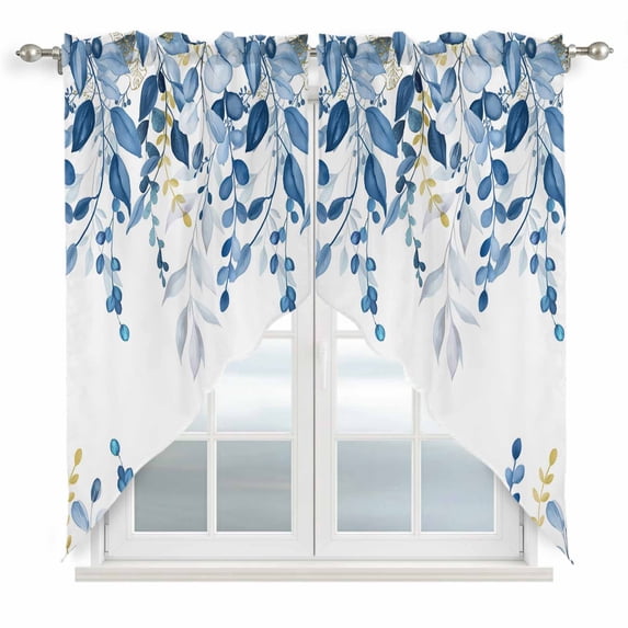 Blue Eucalyptus Swag Valances for Windows, Kitchen Curtains 36 Inch Length 2 Panels Set, Watercolor Spring Weeping Botanical Short Curtains for Small Windows Rod Pocket Cafe Curtains Drapes 28"x36"