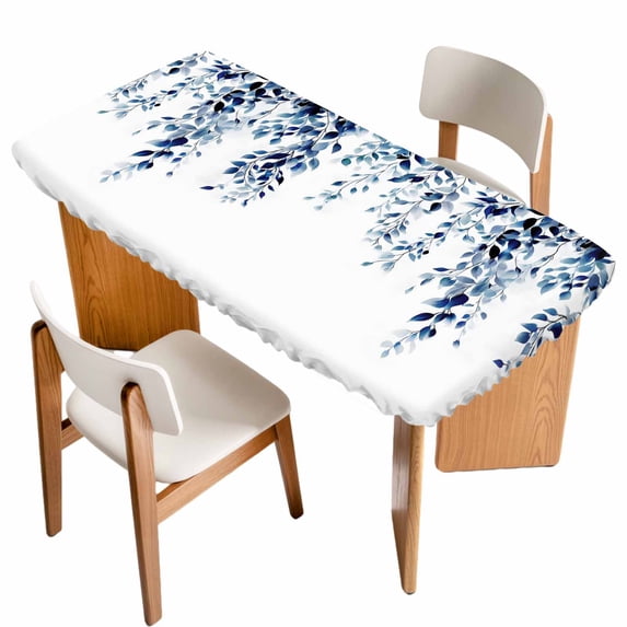 Blue Eucalyptus Table Cloths for 3 Foot Rectangle Tables, Weeping Botanical Leaf Watercolor Patio Waterproof Elastic Fitted Tablecloths, Washable Rectangular Table Cover for Camping