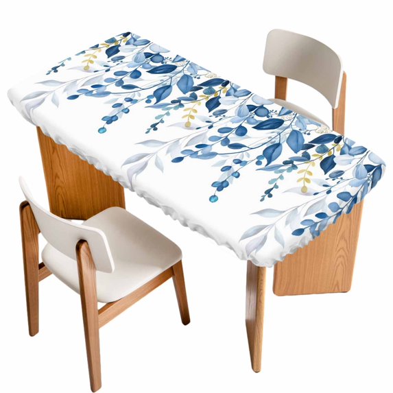 Blue Eucalyptus Table Cloths for 6 Foot Rectangle Tables, Watercolor Spring Weeping Botanical Patio Waterproof Elastic Fitted Tablecloths, Washable Rectangular Table Cover for Camping