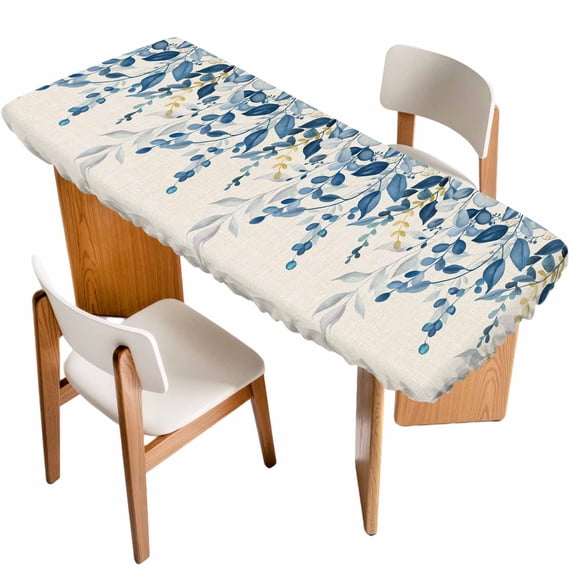 Blue Eucalyptus Table Cloths for 8 Foot Rectangle Tables, Farmhouse Weeping Leaves Linen Patio Waterproof Elastic Fitted Tablecloths, Washable Rectangular Table Cover for Camping