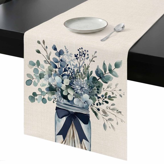 Blue Eucalyptus Table Runner 13x36 Inch Leaves Bottle Ribbon Farmhouse Linen Texture Table Runner Non-Slip Dresser Scarves for Holiday Decorations, Party, Dinner and Gatherings, 1 Pack