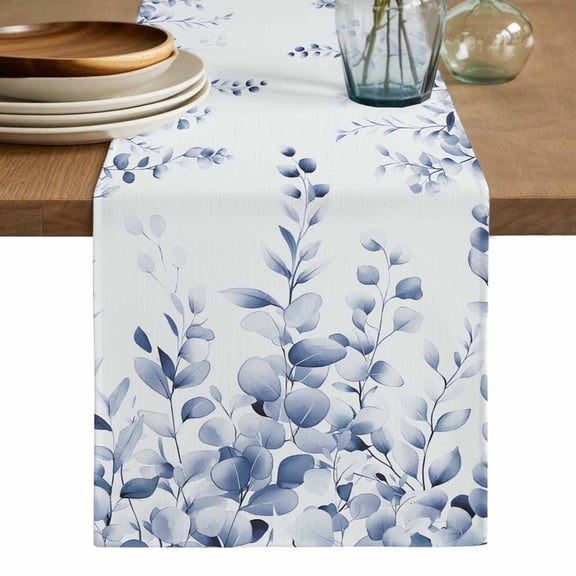 Blue Eucalyptus Table Runner, Botanical Plant Rustic Branch Floral Washable Cotton Linen Table Runners 36 Inches Long, Dresser Scarf Runner for Nightstand/End Tables/Round Tables 13''x36''