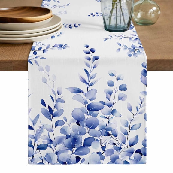 Blue Eucalyptus Table Runner, Botanical Plant Rustic Branch Washable Cotton Linen Table Runners 36 Inches Long, Dresser Scarf Runner for Nightstand/End Tables/Round Tables 13''x36''