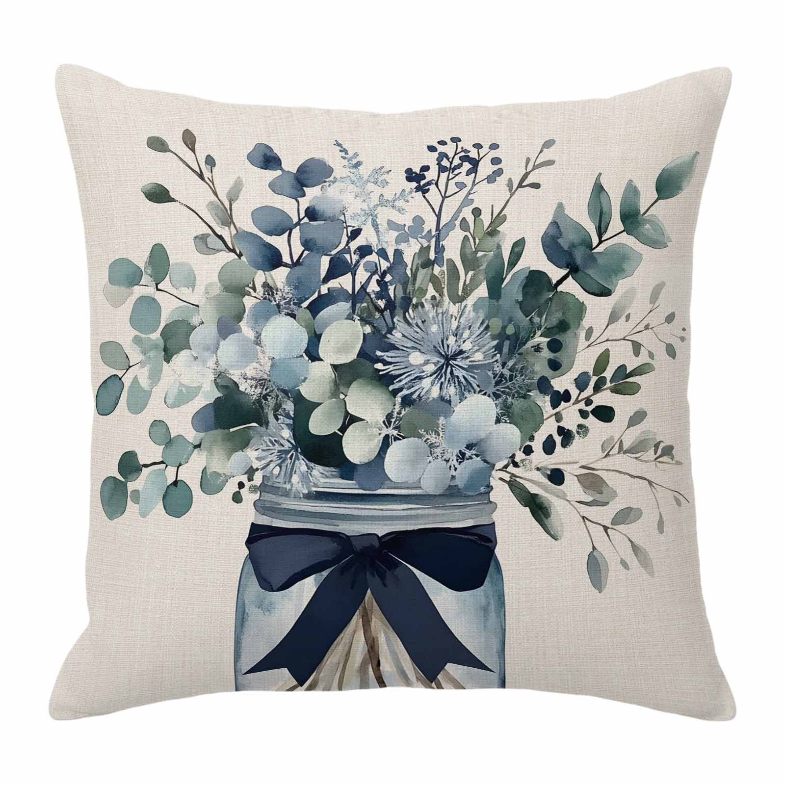 Blue Eucalyptus Throw Pillow Cover Leaves Bottle Ribbon Farmhouse Linen ...