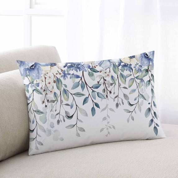Blue Eucalyptus Throw Pillow Cover, Pillowcase Protectors with Zipper, Breathable Decorative Lumbar Pillow Case Cover, Farmhouse Flowers Leaf White Watercolor Pillow Shams for Couch Sofa 12x20Inch