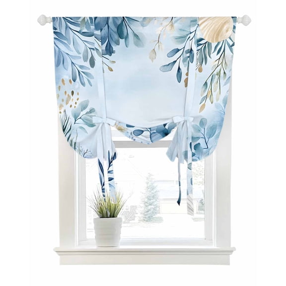 Blue Eucalyptus Tie Up Curtains for Window, Thermal Insulated Balloon Shade Adjustable Rod Pocket Curtains Valance Panels for Kitchen Bathroom Cafe 42 x 45 Botanical Ombre Coastal