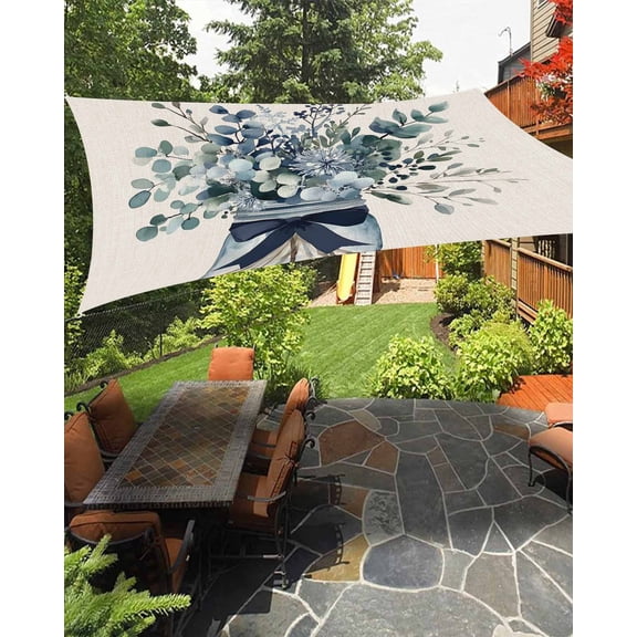 Blue Eucalyptus Waterproof Sun Shade Sail Leaves Bottle Ribbon Farmhouse Linen Texture Outdoor Patio Sun Shades Canopy UV Block Waterproof Sunshade for Garden Backyard Deck Pergola 8x10 Ft