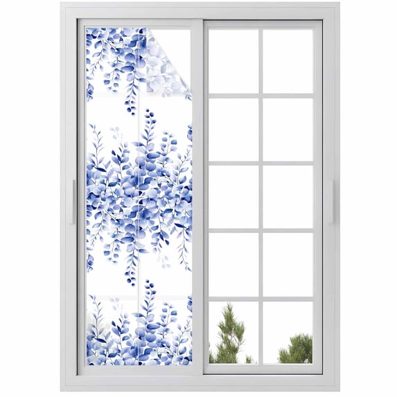 Blue Eucalyptus Window Privacy Film, Botanical Plant Rustic Succulent Branch Static Cling UV Sun Blocking Heat Control Window Tint, Non-Adhesive One Way Windows Privacy Cover 17.7''x78.7''