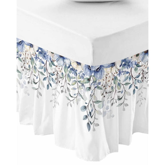 Blue Eucalyptus Wrap Around Bed Skirts for Queen Bed 18" Drop,Bed Skirt with Adjustable Elastic Belt Dust Ruffle Bed Valance for Bedroom Hotel Farmhouse Flowers Leaf White Watercolor Bed Frame Cover