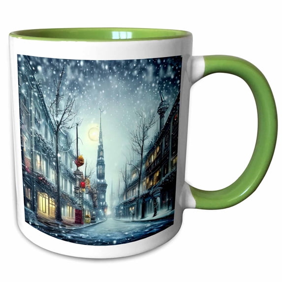 3drose, Blue Evening Hour in the Fantastic City. Christmas Eve. Funny Gift, 15oz Two-tone Green Mug