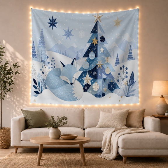 Blue Evergreen Tree in a Snowy Village, Peaceful Minimalist Style for Festive Decor Lovers, Pine Tree Wall Art, Christmas Gift, Tapestry Wall Hanging for Living Room and Entryway