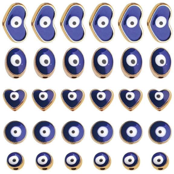Blue Evil Eye Beads,30pcs Alloy Evil Eye Spacer Beads Round Heart Oval Evil Eye Beads Charms Gold Plated Evil Eye Beads Bulk for DIY Bracelet Necklace Crafts Jewelry,1-6mm Diameter