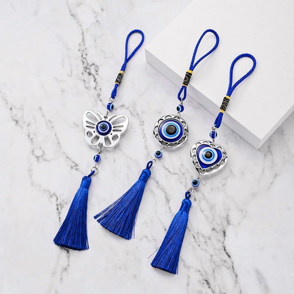 Blue Evil Eye Beads with Tassel, 3 Pcs Home Protection Charm for Rear View Mirror Car Window Door, Wall Hanging Ornament (Blue)