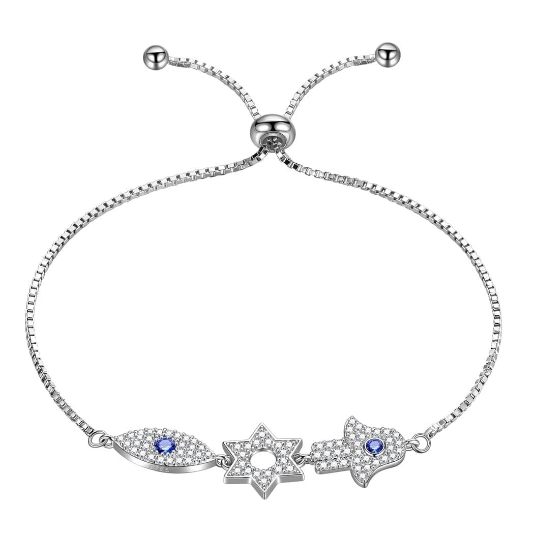 Blue Evil Eye Bracelets 925 Sterling Silver Hamsa Fatima Hand Charm Stars of David Bracelet Protection Amulet Jewelry Gift for Women