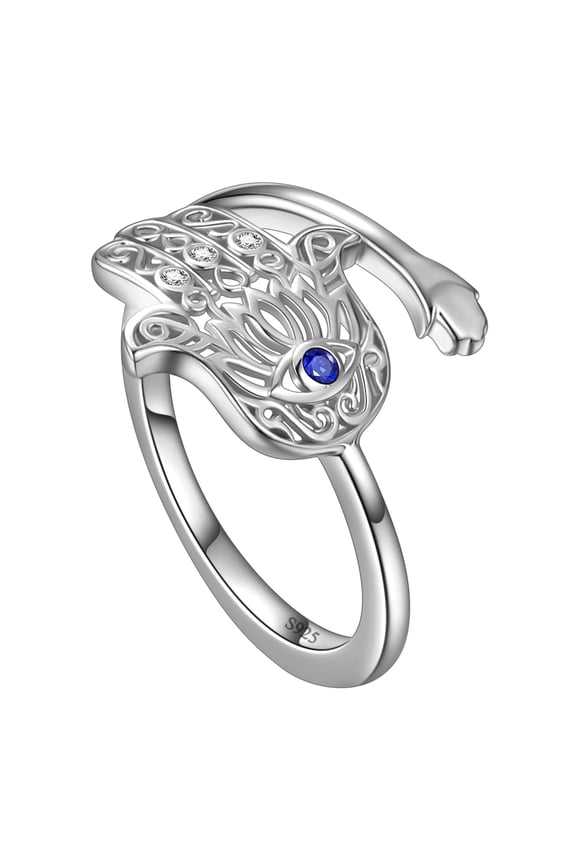 Blue Evil Eye Fatima Ring 925 Sterling Silver Lotus Hamsa Hand Ring Men Women Protection Amulet Jewelry Gifts