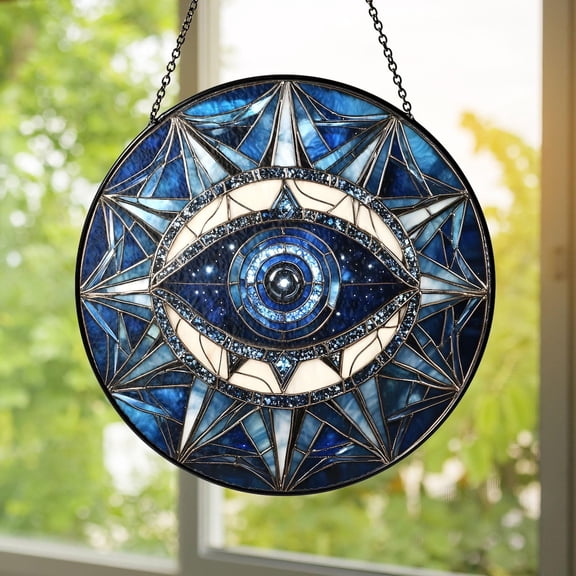 Blue Evil Eye Glass Suncatcher, Boho Spiritual Protection Decor, 6.3 in