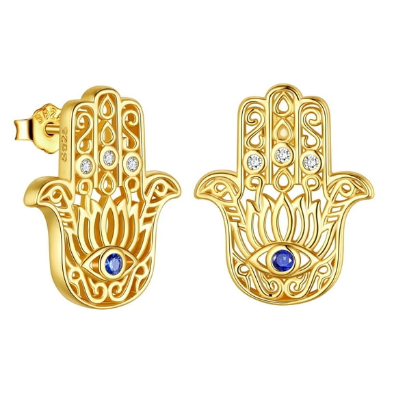 Blue Evil Eye Hamsa Earrings 925 Sterling Silver 18K Gold Plated Lotus Hand of Fatima Stud Earring Men Women Lucky Jewelry Gift