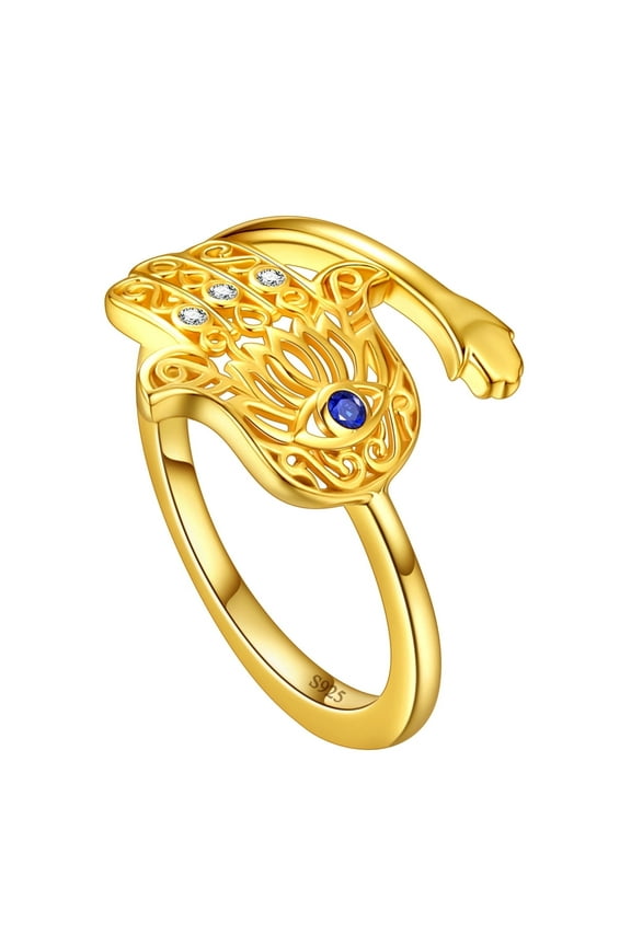 Blue Evil Eye Hamsa Ring 925 Sterling Silver 18K Gold Plated Lotus Fatima Hand Ring Amulet Jewelry Gifts for Men Women