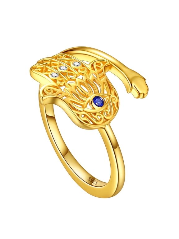 Blue Evil Eye Hamsa Ring 925 Sterling Silver 18K Gold Plated Lotus Fatima Hand Ring Amulet Jewelry Gifts for Men Women