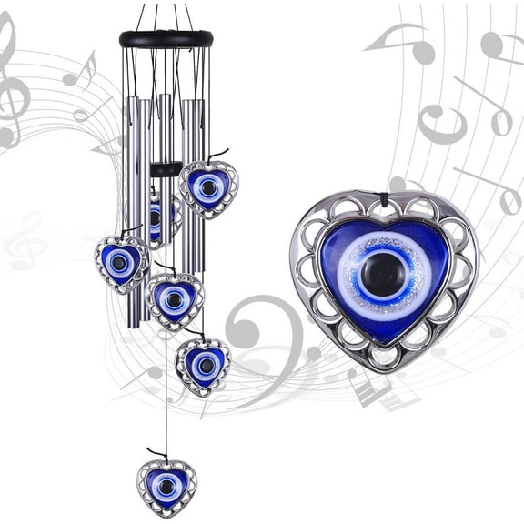 Blue Evil Eye Heart-Shaped Wind Chimes Outdoor Decor, Mobile Evil Eye Windcatcher, Heart Evil Eye Wind Bells, Blue Evil Eye Amulet Wind Chimes for Home, Gift for Mom, Balcony, Patio, Garden Decoratio