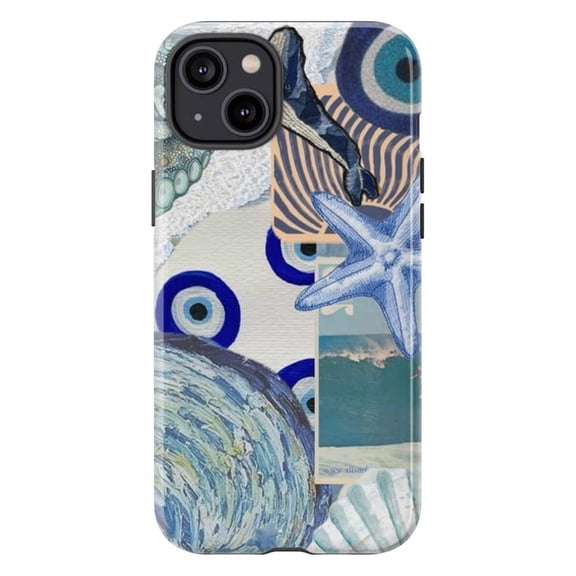 Blue Evil Eye & Ocean Collage Phone Case, Aesthetic Whale & Starfish Summer Design for iPhone 17 16 15 14 13 12 11 Pro Plus Mini