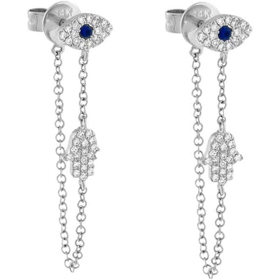 Blue Evil Eye Protection Hamsa Hand of Fatima Dangle Drop Earrings for Women 925 Sterling Silver Post Fashion Cubic Zircon Crystal Stud Dainty Lucky Jewelry Gifts Daughter Friendship Birthday