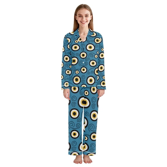Blue Evil Eye Women Pajama Set Soft Notch Collar Button Down Long ...