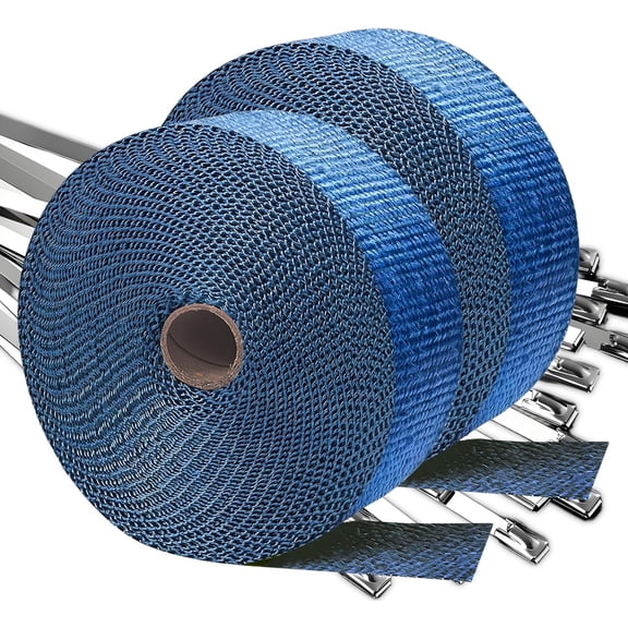 Blue Exhaust Wrap 2" x 200" (2 Rolls) - High Temp Fiberglass Header Wrap for Motorcycle, Car, Exhaust Pipes, Muffler & Header - Heat Resistant 2000F, Easy Install & Durable (Blue, 2 Rolls)