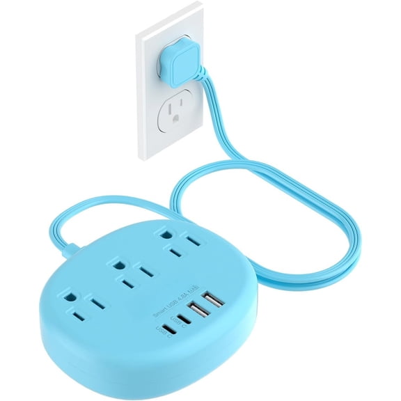 Blue Extension Cord with Surge Protected 1080J - 5 FT Flat Extension Cord, 1625W Cute Extension Cord with 3 AC Outlet 4  (24W/4.8A), Compact for Cute Blue Kawaii Desk Accessories