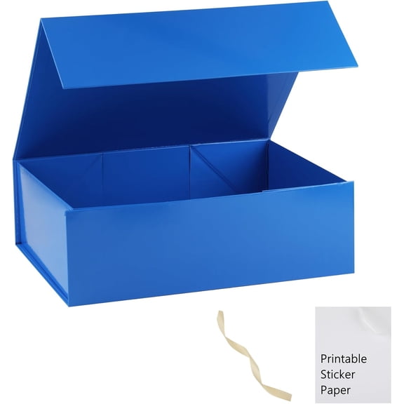 Blue Extra Large Gift Box with Lid 19 x 16 x 6 Inches Includes Ribbon and Printable Sticker Paper