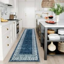 Blue Extra Long Hallway Runner Rug 2'6" x 10' Washable Kitchen Bathroom Rug Runner with Rubber Backing