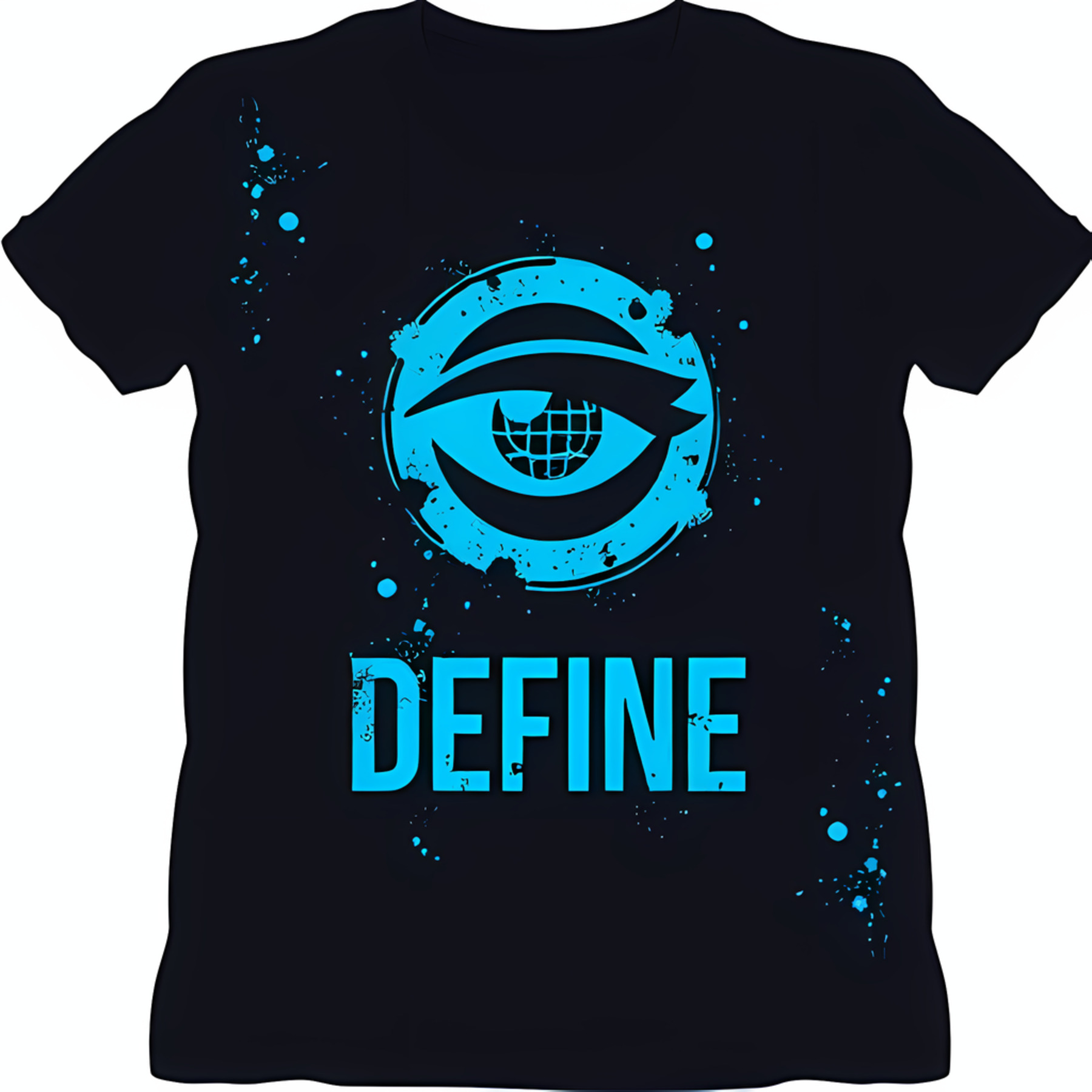 Blue Eye TShirt with Circle & 'DEFINE' Text Black Tee with Splatter