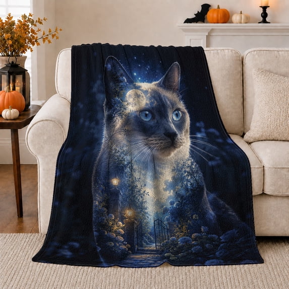 Blue Eyed Cat in Moonlit Garden, Mystical Celestial Style for Cat Lovers, Starry Night Cat Portrait and Birthday Gift, Cozy Flannel Blanket for Bedroom and Reading Nook, Home Decor