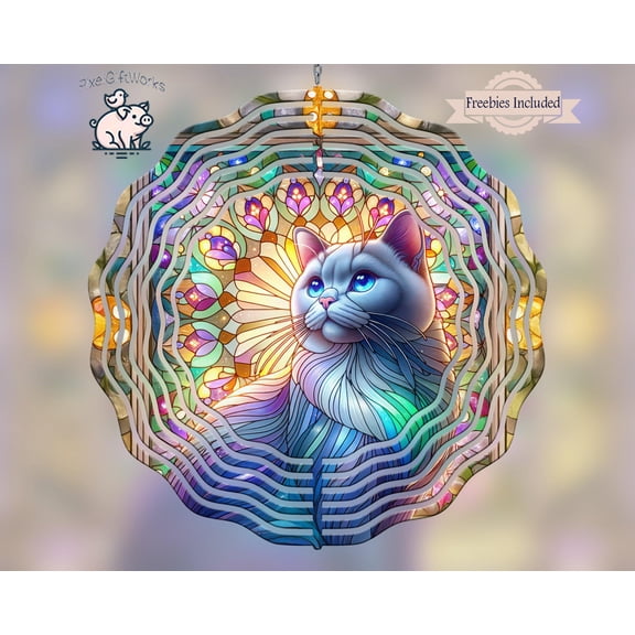 Blue Eyed Cat Stained Glass 3D Wind Spinner Kinetic Garden Decor