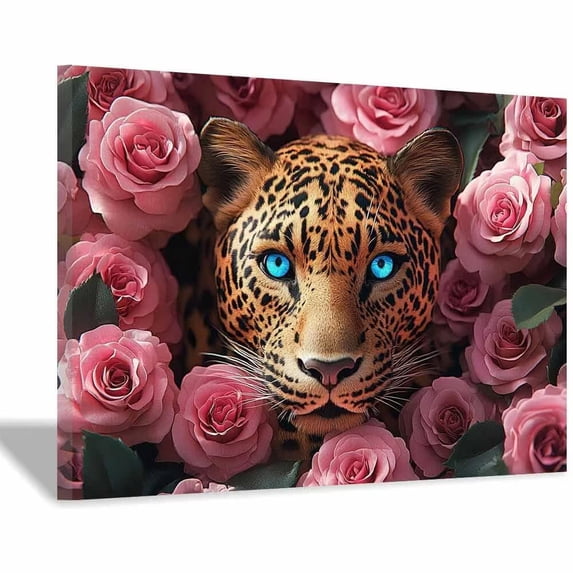 Blue Eyed Leopard Pink Roses Canvas Wall Art, Floral Wildlife Prints Canvas Poster for Living Room Bedroom Bathroom Decor, Framed Ready to Hang Ready to hang-12"L x 8"W