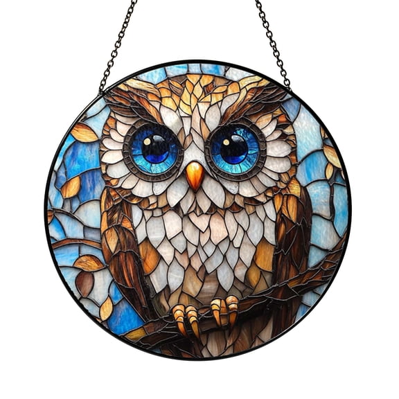 Blue Eyed Owl Stained Glass Suncatcher Window Hanging, Cute Woodland Owl Art Sun Catcher Gift for Nature Lovers