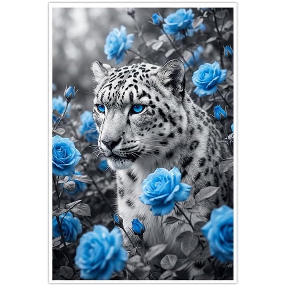 Blue Eyed Snow Leopard Wall Art Poster Prints Enchanting Blue Rose Surrounding Decorative Artwork for Bedroom Living Room Home Office Decor Stunning Animal Themed