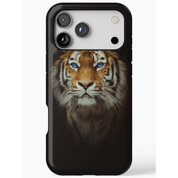 Blue-Eyed Tiger Portrait Tough Case for Apple iPhone, Dual-Layer Polycarbonate and TPU, Black and Orange