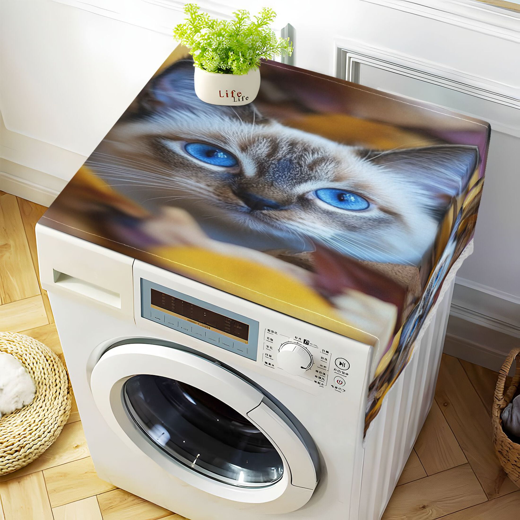 Blue Eyes CatWasher and Dryer Covers Dust-Proof and Oil Resistant Fridge Cover with 4 Storage Pockets Washing Machine Top Cover for Laundry Kitchen Home 51.2 x 22 In