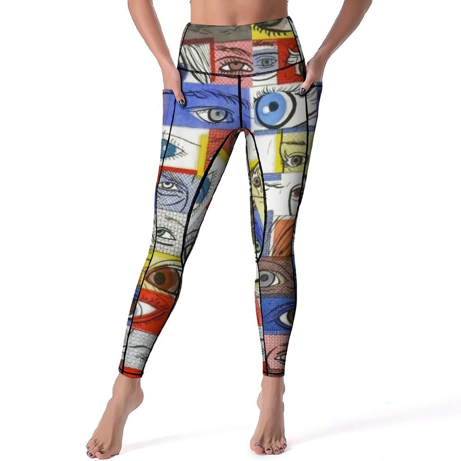 Hand-Painted Swallow Print Leggings - Red & Blue Carmin Yoga Pants, Organic Cotton, Mid-Rise