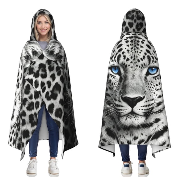 Blue Eyes Leopard Wearable Blanket Hoodies for Women Men Adults Leopard Lovers Soft Lightweight Cool Black And White Leopards Hooded Blankets for Couch Bed Decor 50x60 Inch
