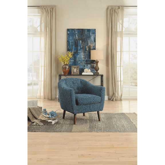 Blue Fabric 1pc Accent Chair with Espresso Finish Legs and Button Tufting - Solid Wood Furniture for Living Room