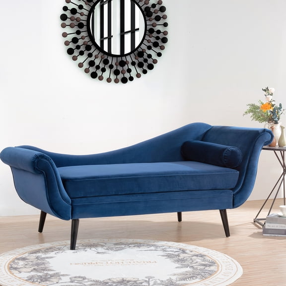 Blue Fabric Chaise , Scroll Arm Design, Stable Seat, High Rebound Foam, Plywood + Solid Wood, Birch Leg Base Lounge With Cozy Pillow, Fabric, Strong Support, High Sponge, Wood Frame, Tapered Foot